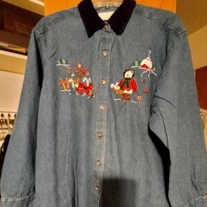 Woman's Blue Cotton Button Christmas Shirt w/Embroidery